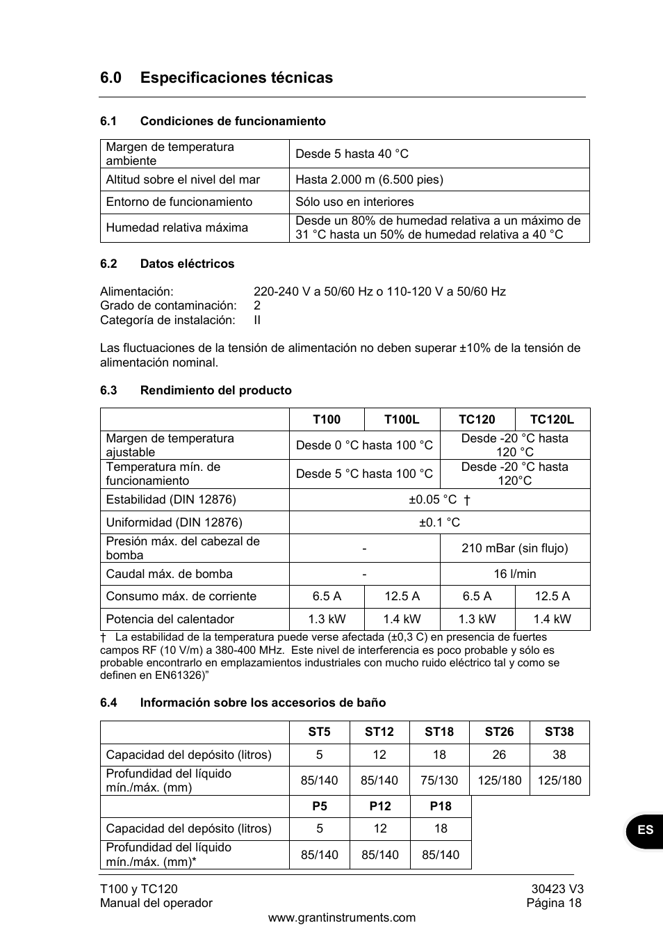 Especificaciones técnicas, Condiciones de funcionamiento, Datos eléctricos | Rendimiento del producto, Información sobre los accesorios de baño, 0 especificaciones técnicas | Grant Instruments TC120 Operating Manual User Manual | Page 115 / 124