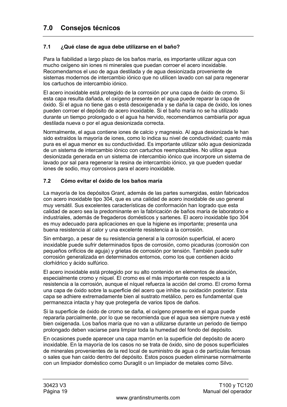 Consejos técnicos, Qué clase de agua debe utilizarse en el baño, Cómo evitar el óxido de los baños maría | 0 consejos técnicos | Grant Instruments TC120 Operating Manual User Manual | Page 116 / 124
