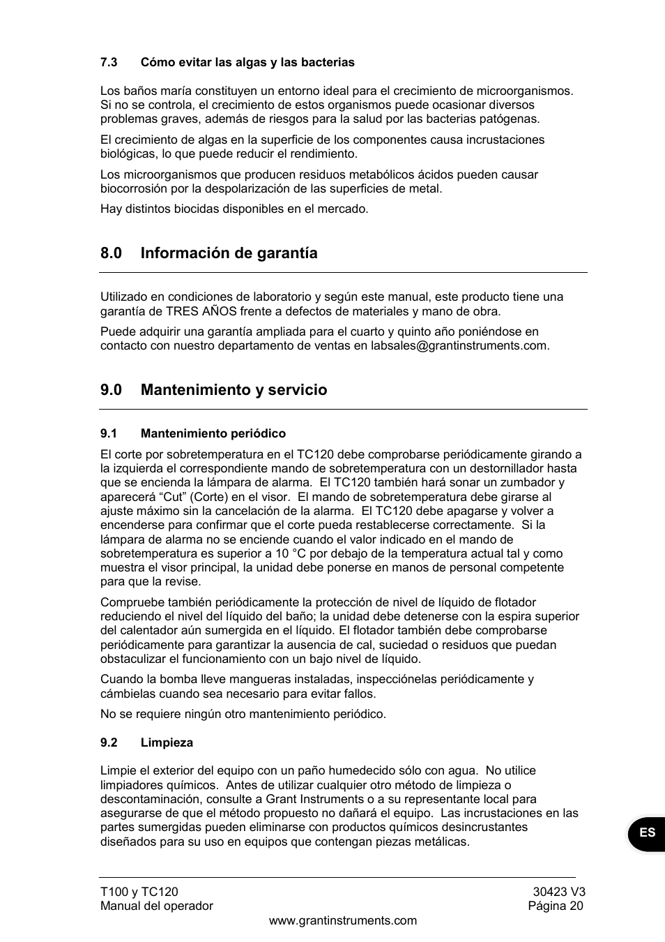 Cómo evitar las algas y las bacterias, Información de garantía, Mantenimiento y servicio | Mantenimiento periódico, Limpieza, 0 información de garantía, 0 mantenimiento y servicio | Grant Instruments TC120 Operating Manual User Manual | Page 117 / 124