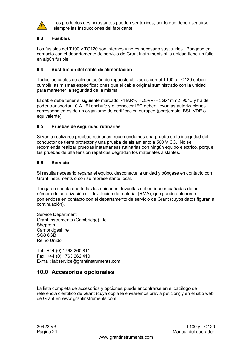 Fusibles, Sustitución del cable de alimentación, Pruebas de seguridad rutinarias | Servicio, Accesorios opcionales, 0 accesorios opcionales | Grant Instruments TC120 Operating Manual User Manual | Page 118 / 124