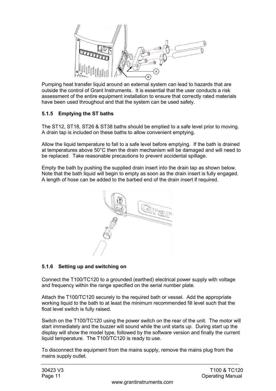 Emptying the st baths, Setting up and switching on | Grant Instruments TC120 Operating Manual User Manual | Page 12 / 124