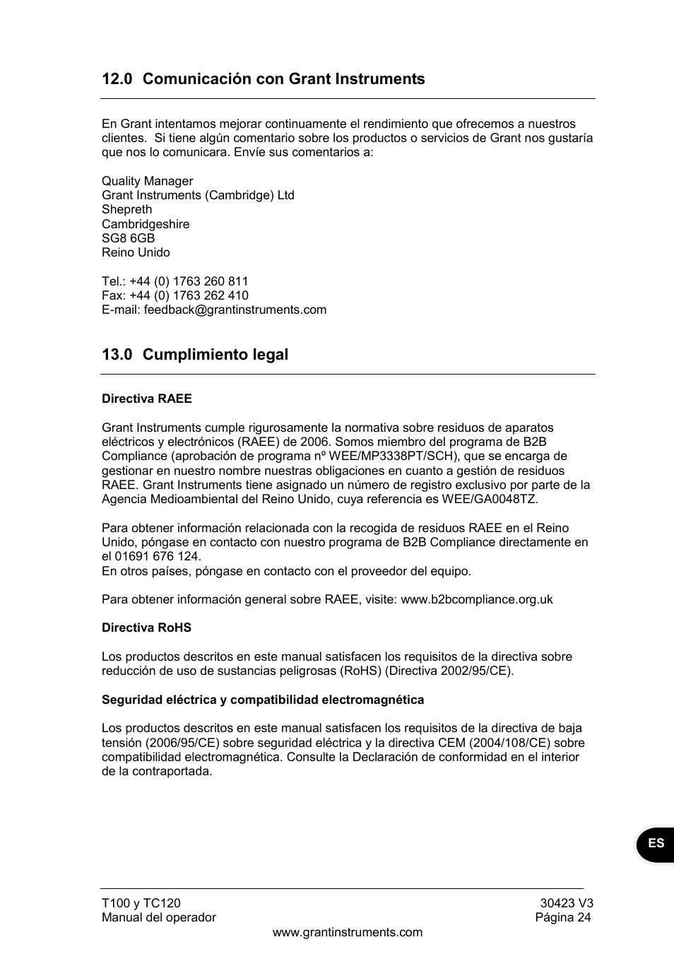 Comunicación con grant instruments, Cumplimiento legal, 0 comunicación con grant instruments | 0 cumplimiento legal | Grant Instruments TC120 Operating Manual User Manual | Page 121 / 124