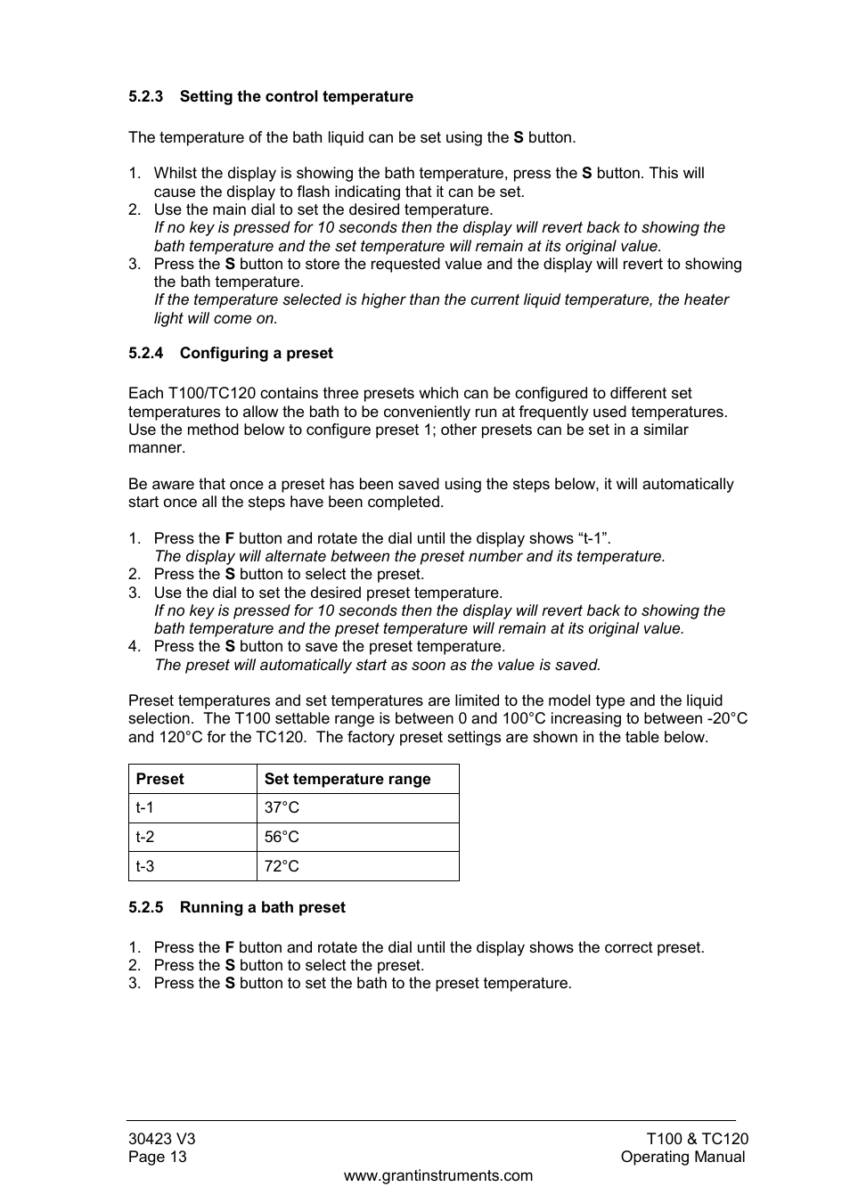 Setting the control temperature, Configuring a preset, Running a bath preset | Grant Instruments TC120 Operating Manual User Manual | Page 14 / 124