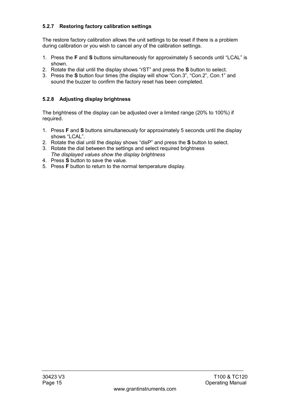Restoring factory calibration settings, Adjusting display brightness | Grant Instruments TC120 Operating Manual User Manual | Page 16 / 124
