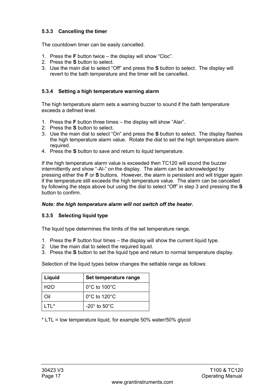 3 cancelling the timer, Setting a high temperature warning alarm, 5 selecting liquid type | Grant Instruments TC120 Operating Manual User Manual | Page 18 / 124