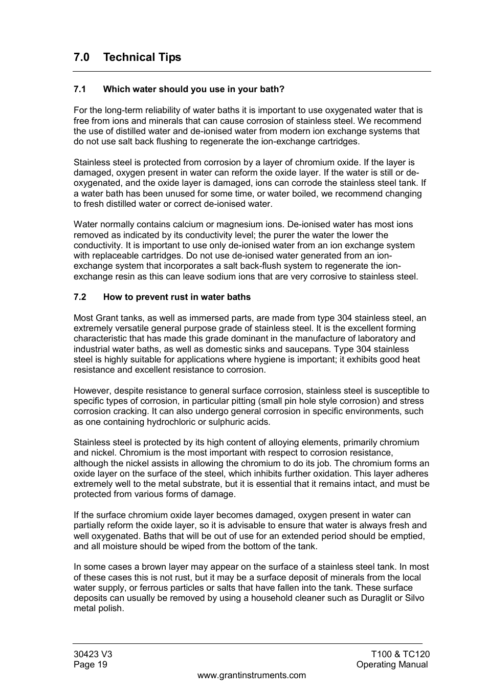 0 technical tips, 1 which water should you use in your bath, 2 how to prevent rust in water baths | 3 how to prevent algae and bacteria | Grant Instruments TC120 Operating Manual User Manual | Page 20 / 124