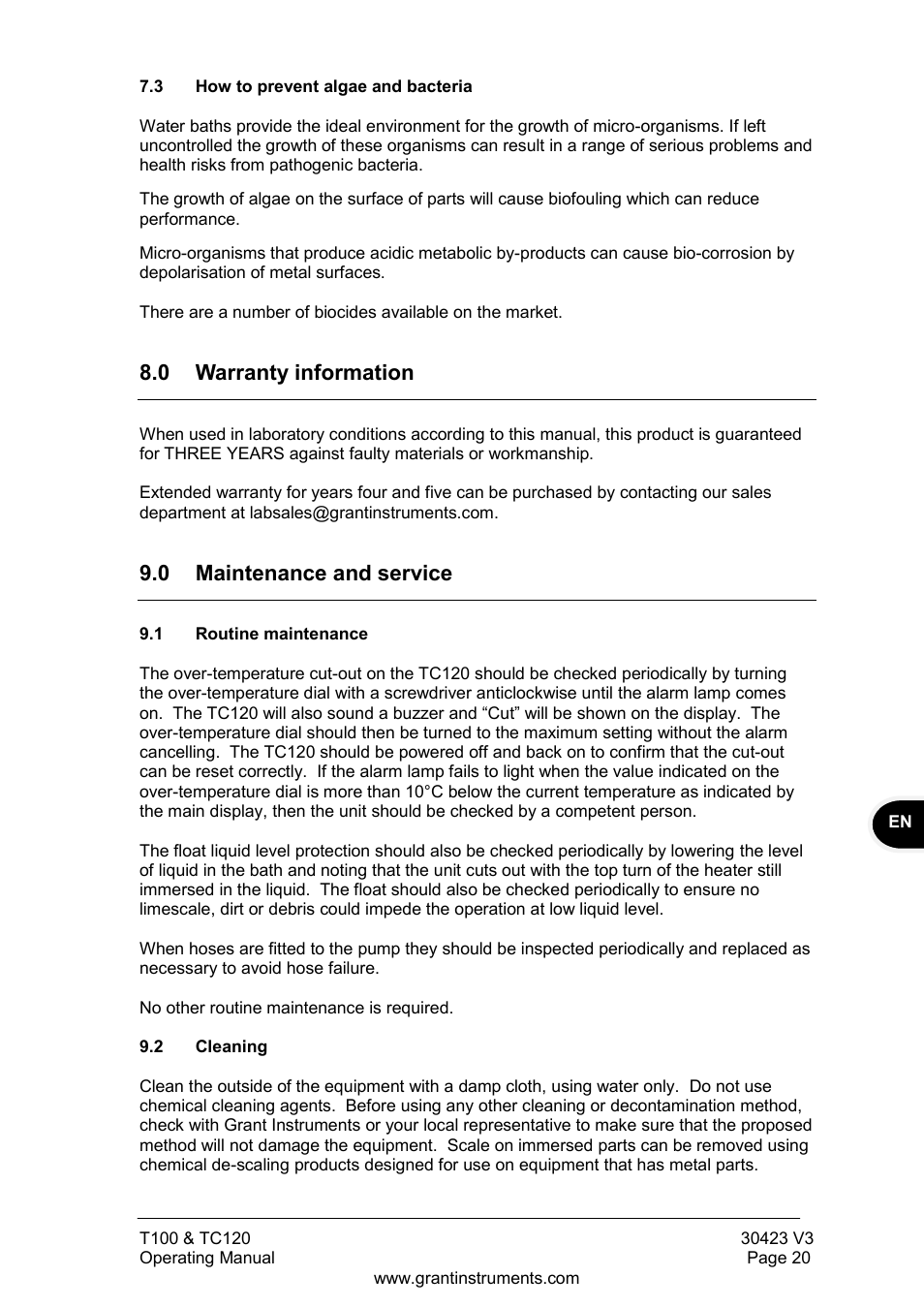0 warranty information, 0 maintenance and service, Routine maintenance | Cleaning | Grant Instruments TC120 Operating Manual User Manual | Page 21 / 124