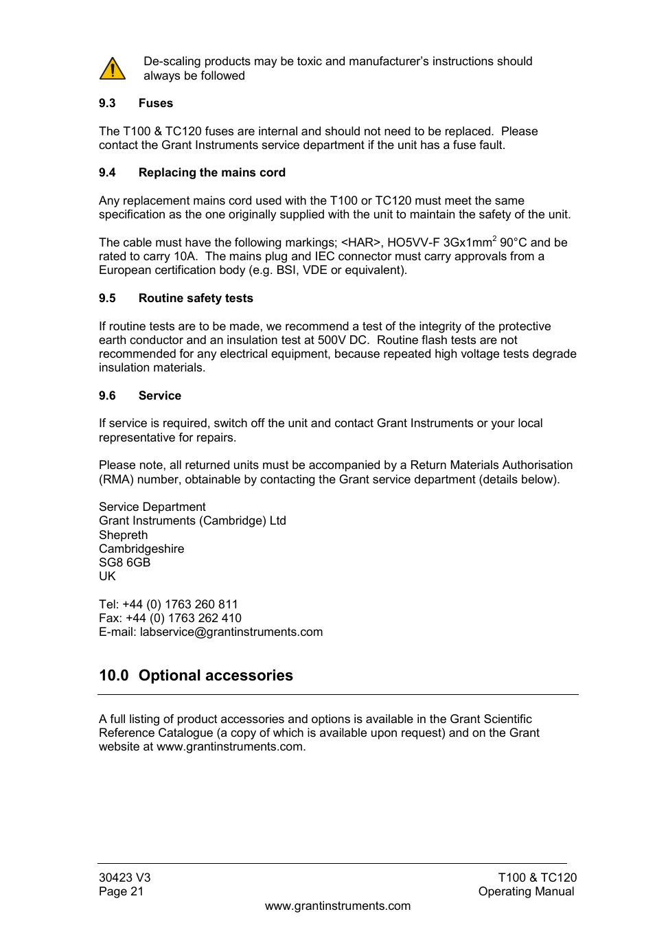 Fuses, Routine safety tests, Service | 0 optional accessories | Grant Instruments TC120 Operating Manual User Manual | Page 22 / 124