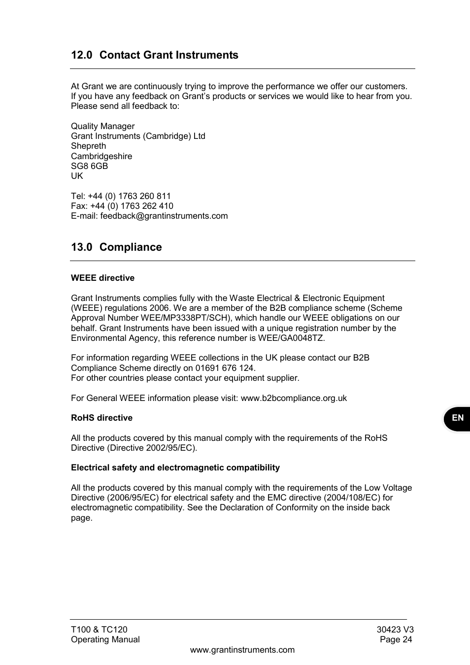 0 contact grant instruments, 0 compliance | Grant Instruments TC120 Operating Manual User Manual | Page 25 / 124