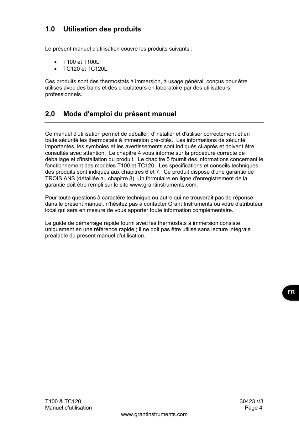 Utilisation des produits, Mode d'emploi du présent manuel, 0 utilisation des produits | 2,0 mode d'emploi du présent manuel | Grant Instruments TC120 Operating Manual User Manual | Page 29 / 124