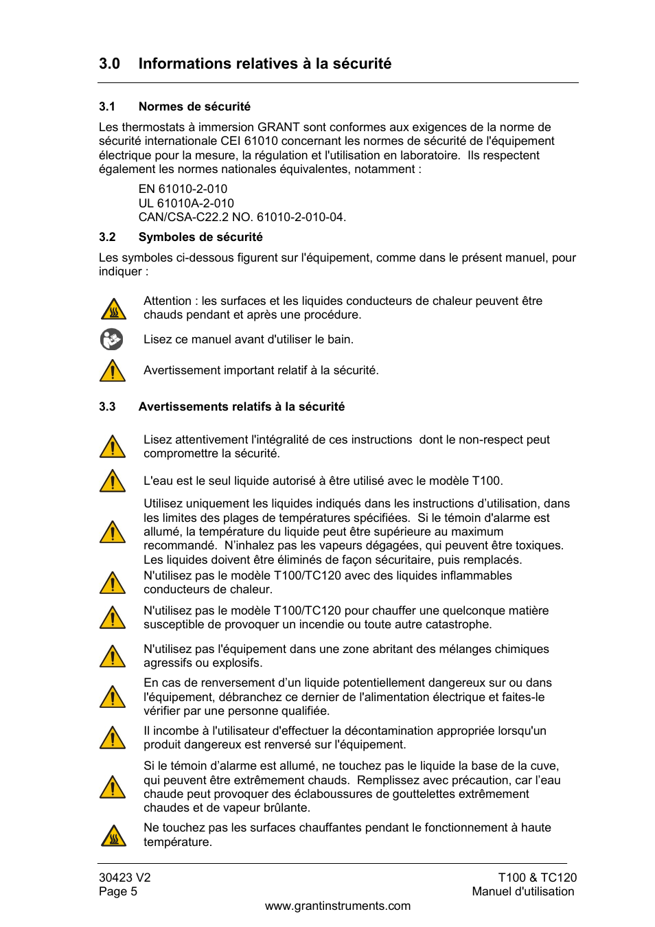 Informations relatives à la sécurité, Normes de sécurité, Symboles de sécurité | Avertissements relatifs à la sécurité, 0 informations relatives à la sécurité | Grant Instruments TC120 Operating Manual User Manual | Page 30 / 124