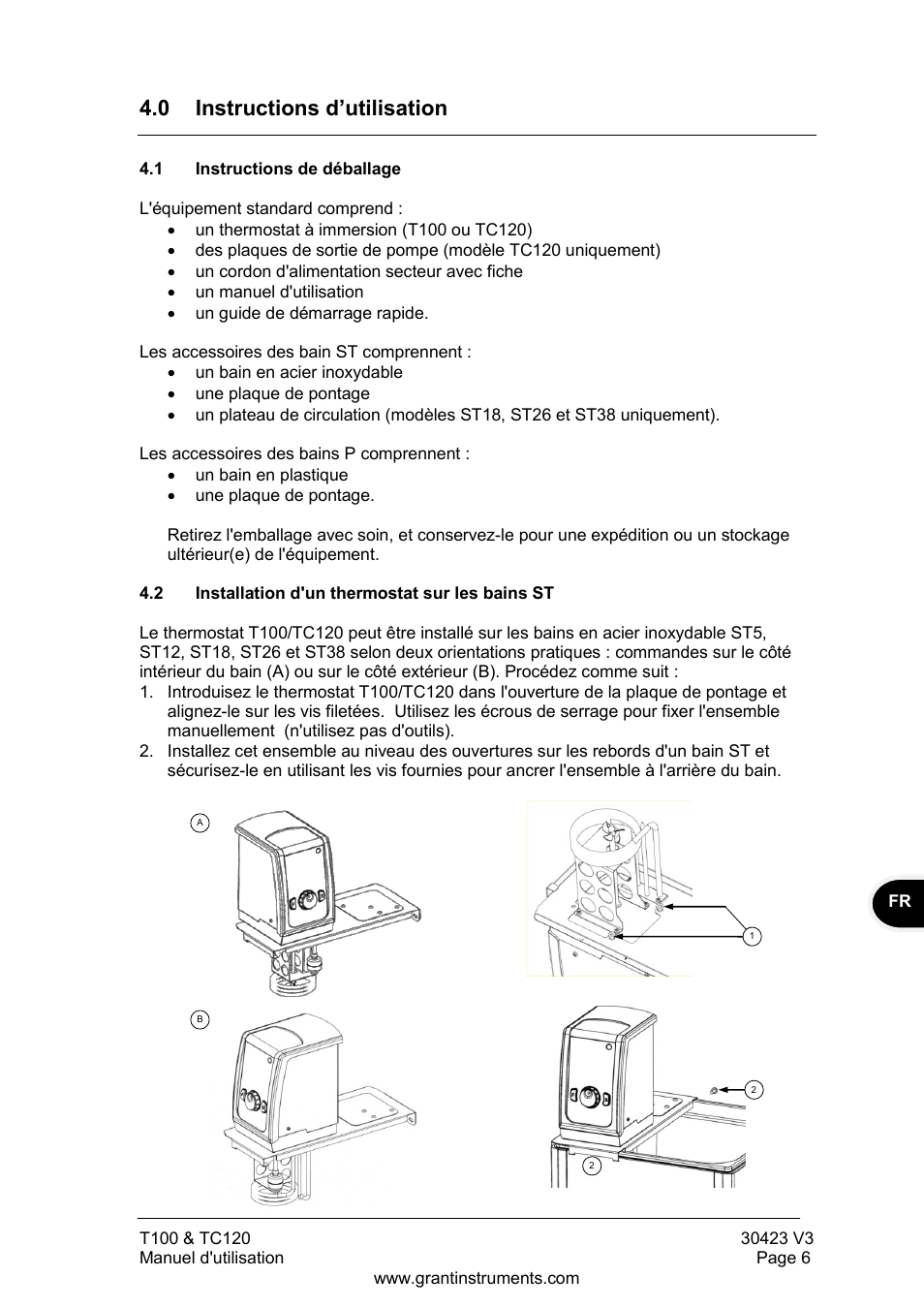 Instructions d’utilisation, Instructions de déballage, Installation d'un thermostat sur les bains st | 0 instructions d’utilisation | Grant Instruments TC120 Operating Manual User Manual | Page 31 / 124