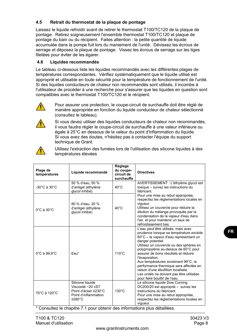 Retrait du thermostat de la plaque de pontage, Liquides recommandés | Grant Instruments TC120 Operating Manual User Manual | Page 33 / 124