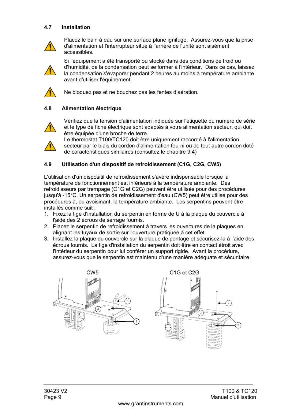 Installation, Alimentation électrique | Grant Instruments TC120 Operating Manual User Manual | Page 34 / 124