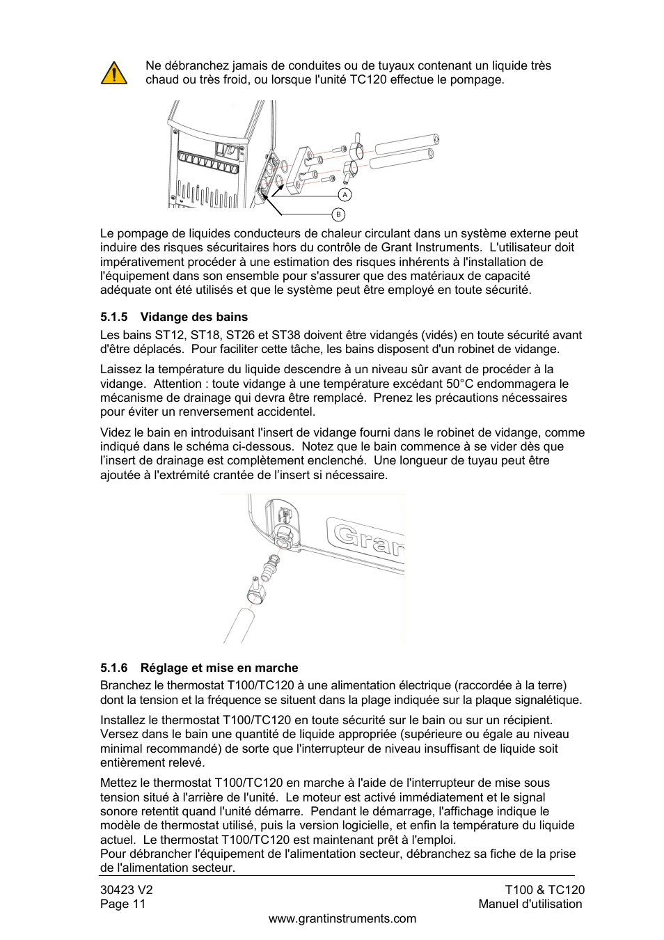 Vidange des bains, Réglage et mise en marche | Grant Instruments TC120 Operating Manual User Manual | Page 36 / 124