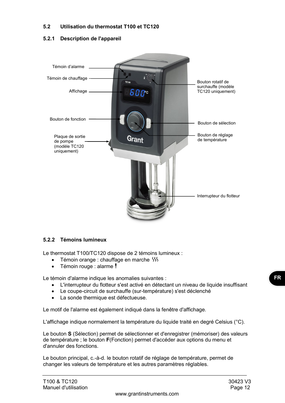 Utilisation du thermostat t100 et tc120, Description de l'appareil, Témoins lumineux | Grant Instruments TC120 Operating Manual User Manual | Page 37 / 124