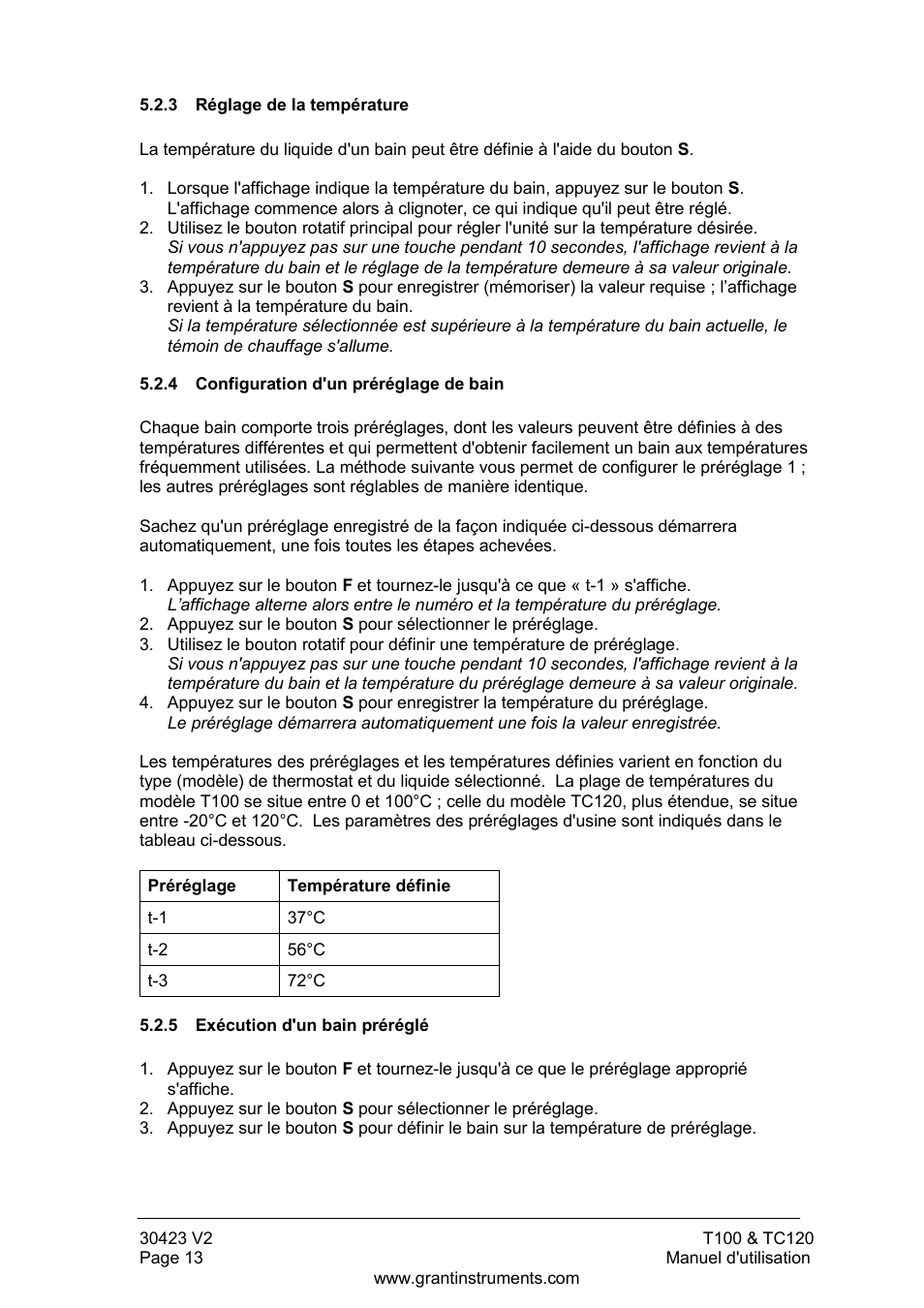 Réglage de la température, Configuration d'un préréglage de bain, Exécution d'un bain préréglé | Grant Instruments TC120 Operating Manual User Manual | Page 38 / 124