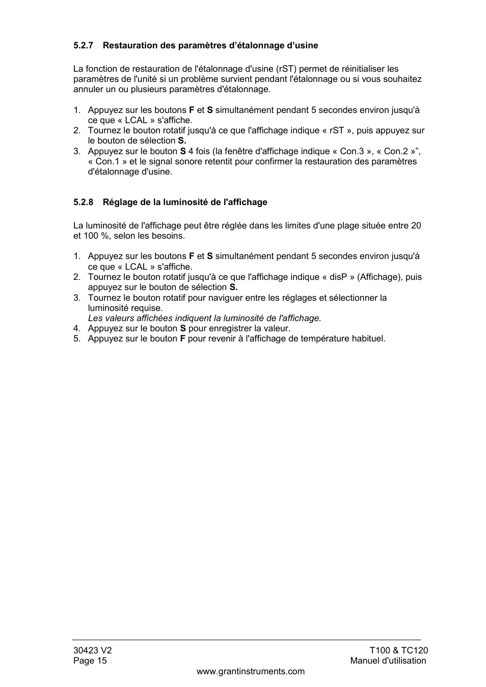 Restauration des paramètres d’étalonnage d’usine, Réglage de la luminosité de l'affichage | Grant Instruments TC120 Operating Manual User Manual | Page 40 / 124