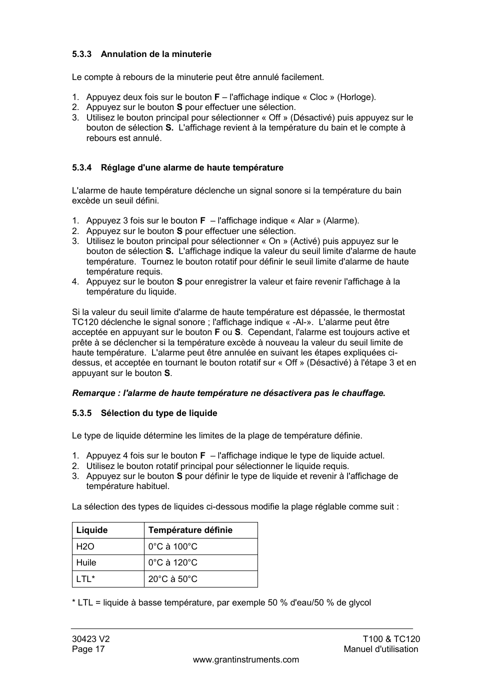 Annulation de la minuterie, Réglage d'une alarme de haute température, Sélection du type de liquide | Grant Instruments TC120 Operating Manual User Manual | Page 42 / 124