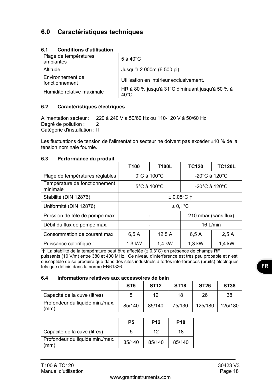 Caractéristiques techniques, Conditions d'utilisation, Caractéristiques électriques | Performance du produit, Informations relatives aux accessoires de bain, 0 caractéristiques techniques | Grant Instruments TC120 Operating Manual User Manual | Page 43 / 124