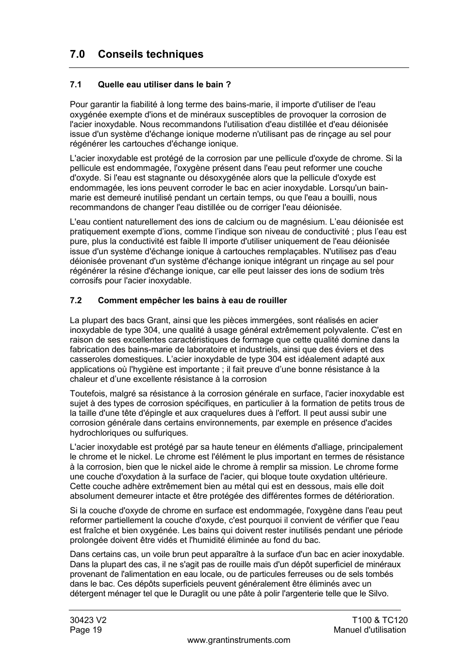 Conseils techniques, Quelle eau utiliser dans le bain, Comment empêcher les bains à eau de rouiller | 0 conseils techniques | Grant Instruments TC120 Operating Manual User Manual | Page 44 / 124