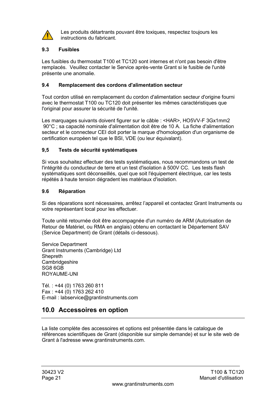 Fusibles, Remplacement des cordons d'alimentation secteur, Tests de sécurité systématiques | Réparation, Accessoires en option, 0 accessoires en option | Grant Instruments TC120 Operating Manual User Manual | Page 46 / 124