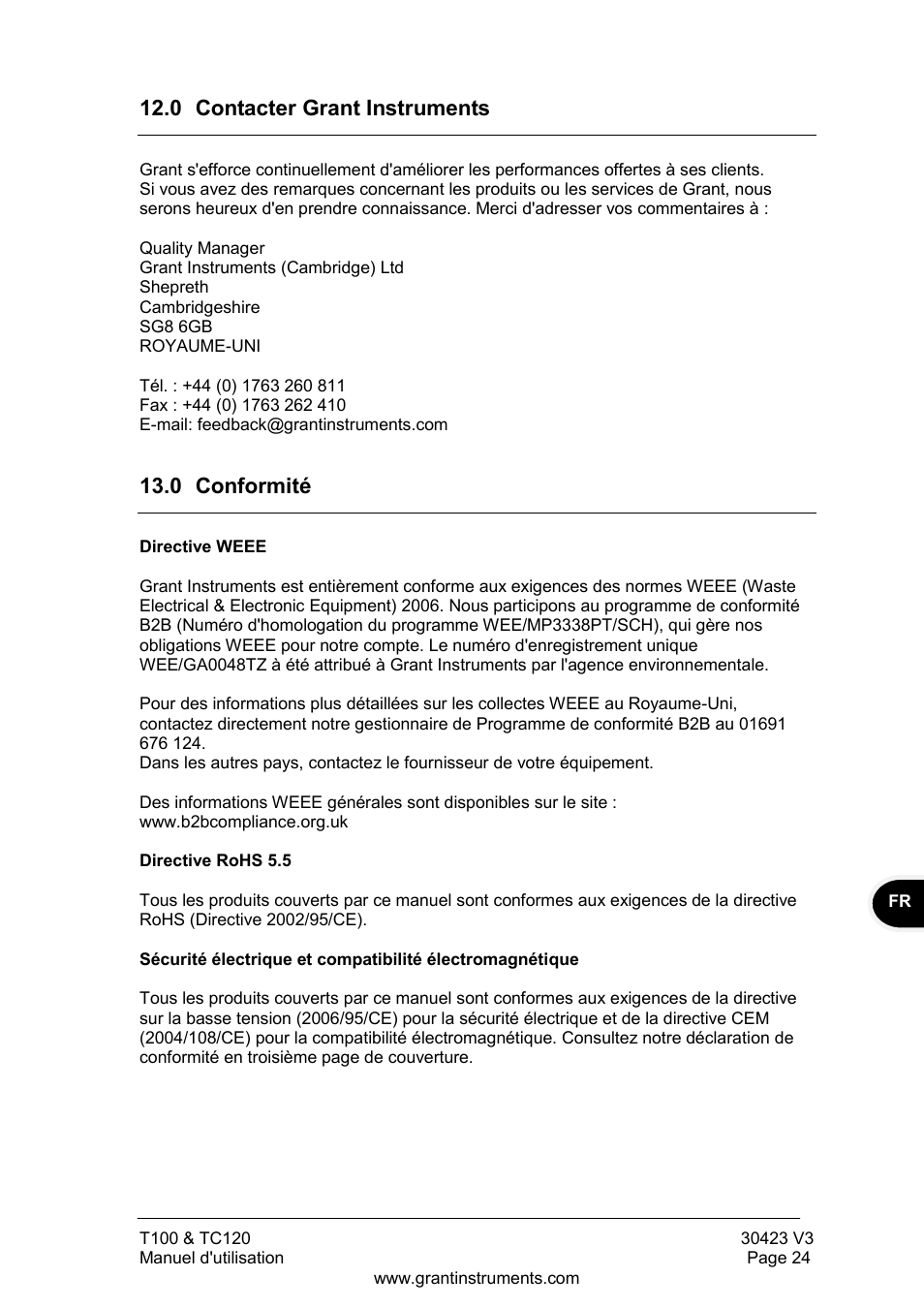 Contacter grant instruments, Conformité, 0 contacter grant instruments | 0 conformité | Grant Instruments TC120 Operating Manual User Manual | Page 49 / 124