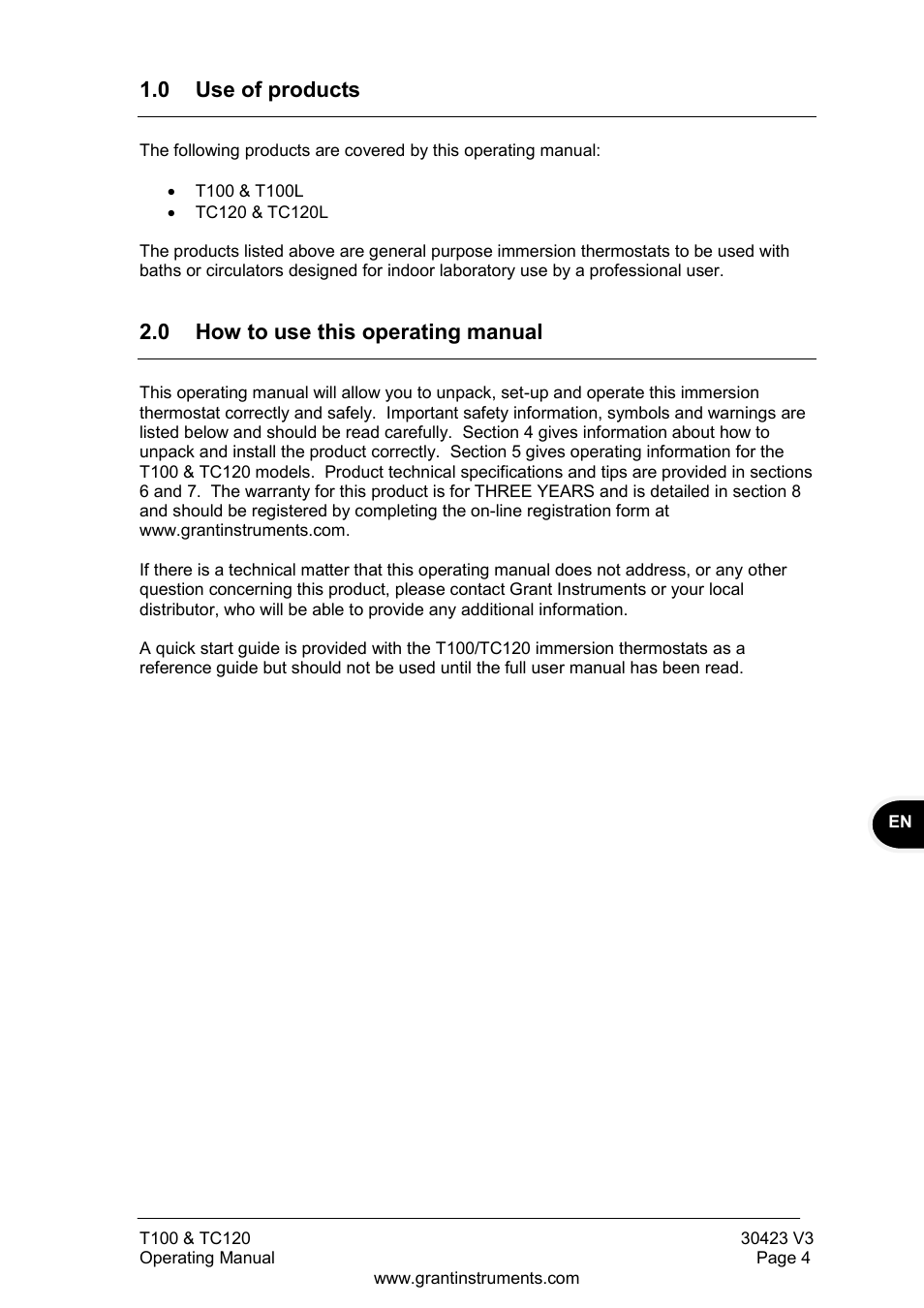 0 use of products, 0 how to use this operating manual | Grant Instruments TC120 Operating Manual User Manual | Page 5 / 124