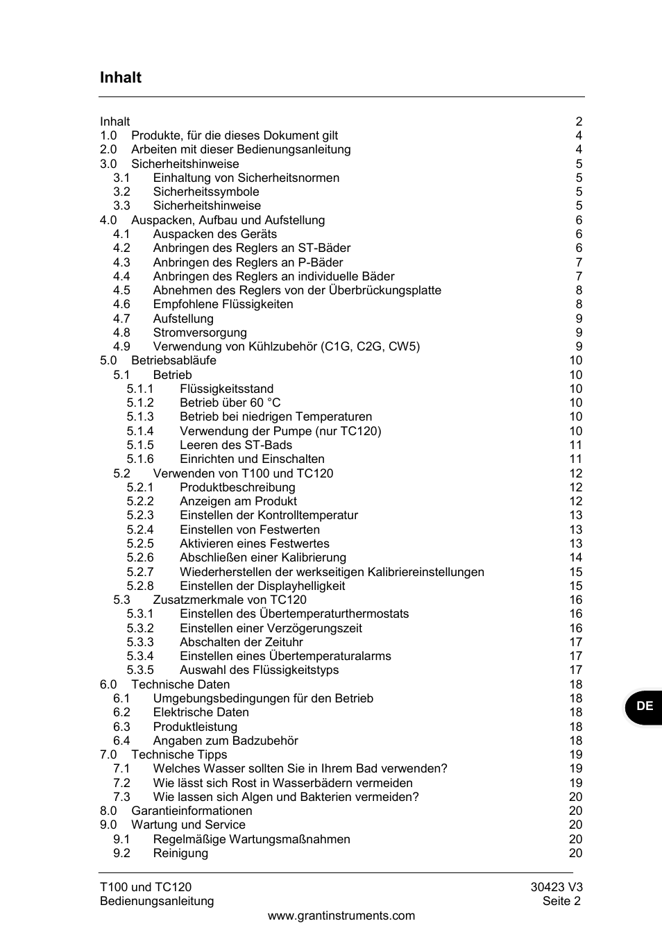 Inhalt | Grant Instruments TC120 Operating Manual User Manual | Page 51 / 124