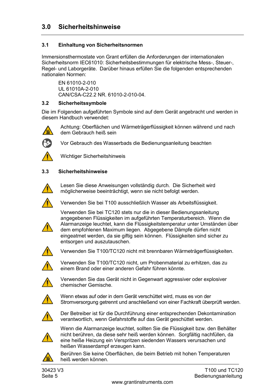 Sicherheitshinweise, Einhaltung von sicherheitsnormen, Sicherheitssymbole | 0 sicherheitshinweise | Grant Instruments TC120 Operating Manual User Manual | Page 54 / 124
