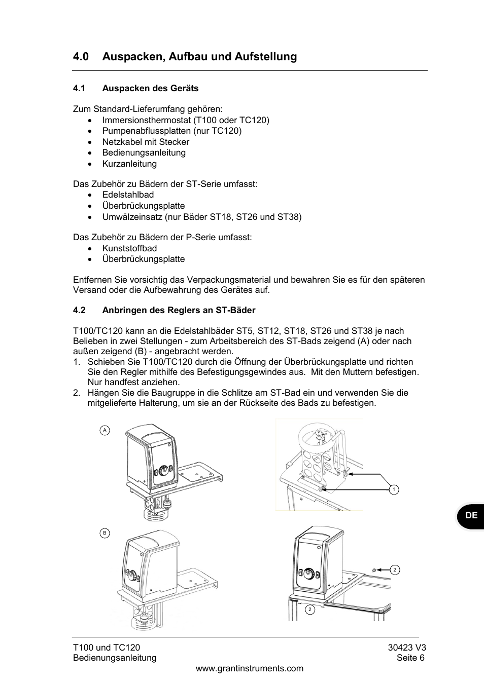 Auspacken, aufbau und aufstellung, Auspacken des geräts, Anbringen des reglers an st-bäder | 0 auspacken, aufbau und aufstellung | Grant Instruments TC120 Operating Manual User Manual | Page 55 / 124