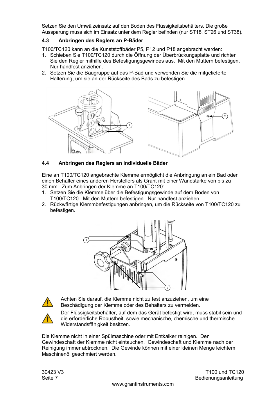 Anbringen des reglers an p-bäder, Anbringen des reglers an individuelle bäder | Grant Instruments TC120 Operating Manual User Manual | Page 56 / 124