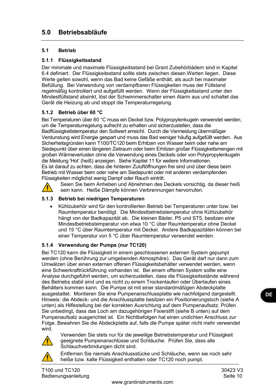 Betriebsabläufe, Betrieb, Flüssigkeitsstand | Betrieb über 60 °c, Betrieb bei niedrigen temperaturen, Verwendung der pumpe (nur tc120), 0 betriebsabläufe | Grant Instruments TC120 Operating Manual User Manual | Page 59 / 124