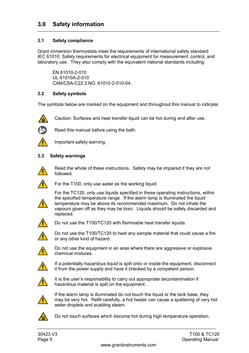 0 safety information, Safety compliance, Safety symbols | Safety warnings | Grant Instruments TC120 Operating Manual User Manual | Page 6 / 124