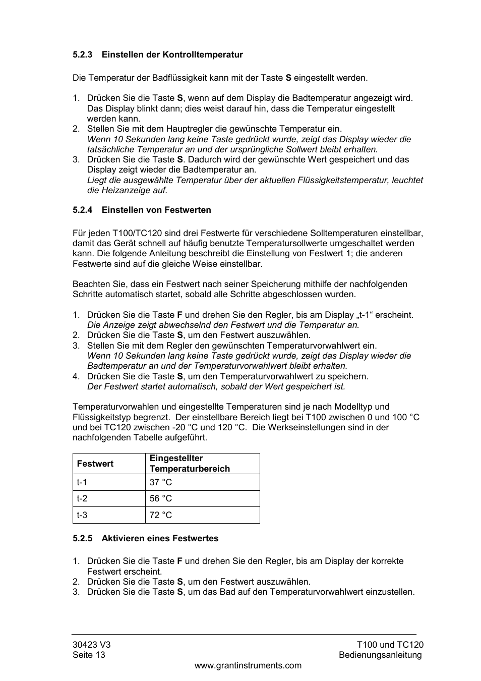 Einstellen der kontrolltemperatur, Einstellen von festwerten, Aktivieren eines festwertes | Grant Instruments TC120 Operating Manual User Manual | Page 62 / 124