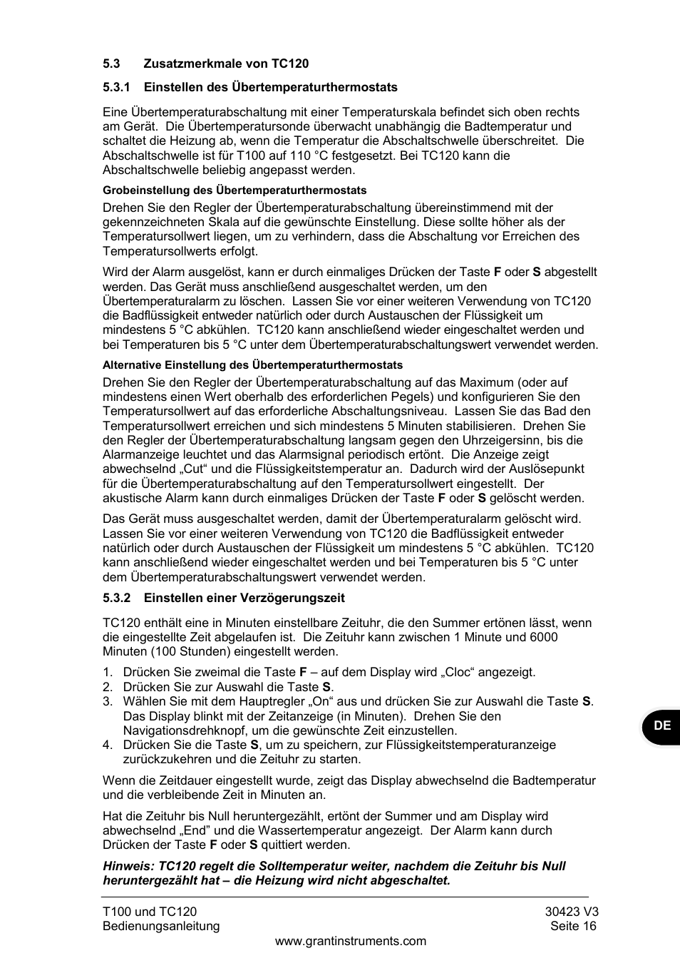 Zusatzmerkmale von tc120, Einstellen des übertemperaturthermostats, Einstellen einer verzögerungszeit | Grant Instruments TC120 Operating Manual User Manual | Page 65 / 124