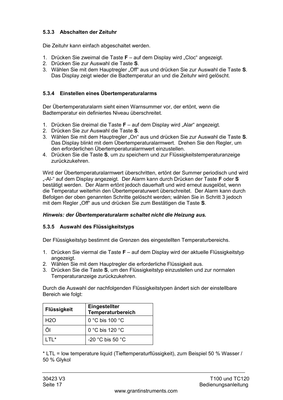 Abschalten der zeituhr, Einstellen eines übertemperaturalarms, Auswahl des flüssigkeitstyps | Grant Instruments TC120 Operating Manual User Manual | Page 66 / 124