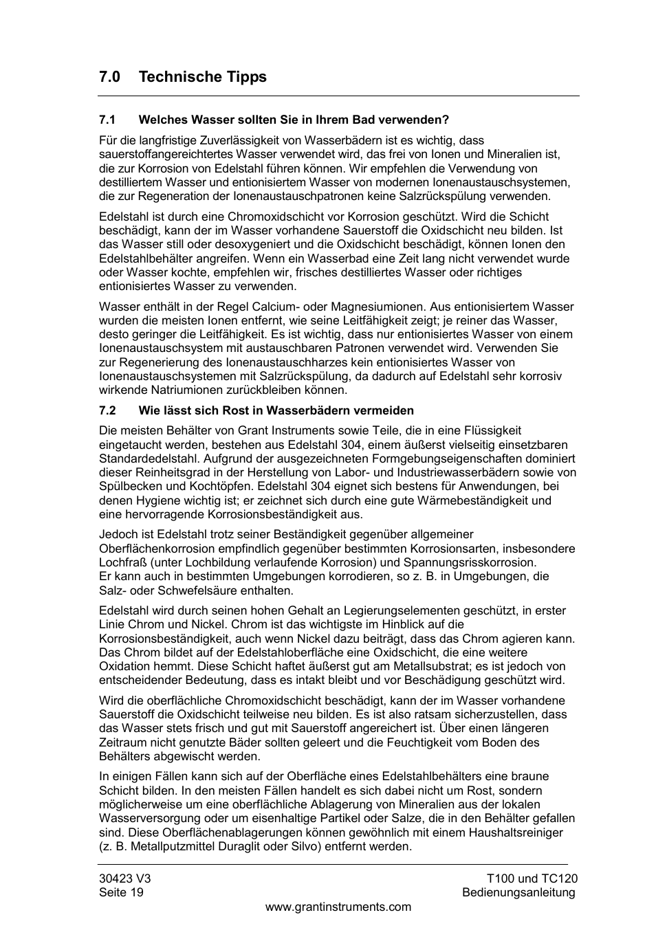 Technische tipps, Welches wasser sollten sie in ihrem bad verwenden, Wie lässt sich rost in wasserbädern vermeiden | 0 technische tipps | Grant Instruments TC120 Operating Manual User Manual | Page 68 / 124