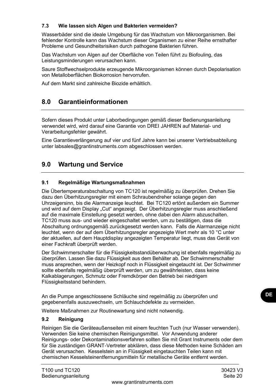 Wie lassen sich algen und bakterien vermeiden, Garantieinformationen, Wartung und service | Regelmäßige wartungsmaßnahmen, Reinigung, 0 garantieinformationen, 0 wartung und service | Grant Instruments TC120 Operating Manual User Manual | Page 69 / 124