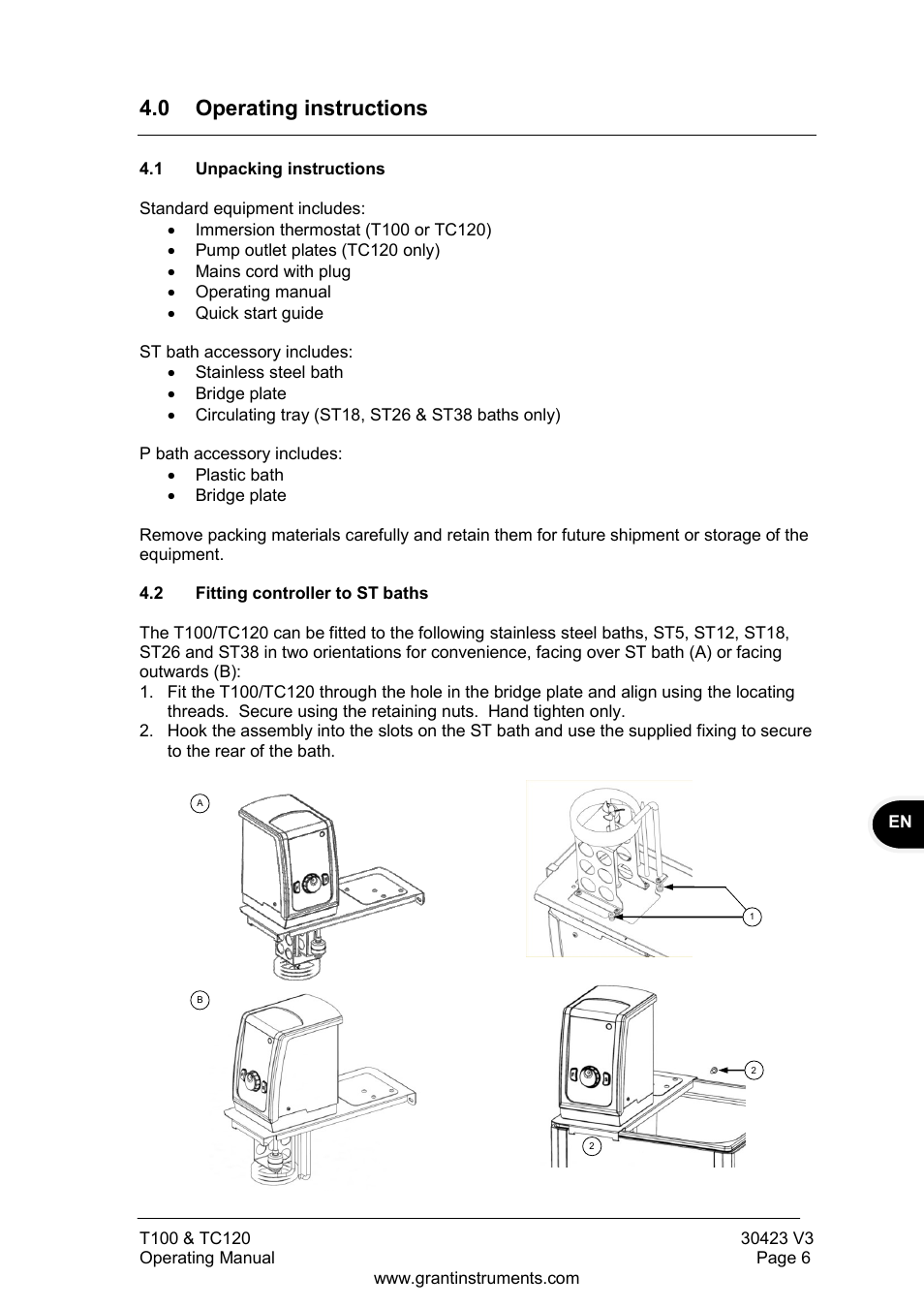 0 operating instructions, Unpacking instructions, Fitting controller to st baths | Grant Instruments TC120 Operating Manual User Manual | Page 7 / 124