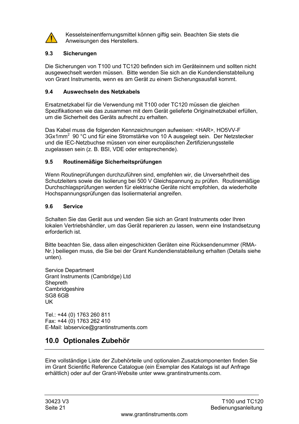 Sicherungen, Auswechseln des netzkabels, Routinemäßige sicherheitsprüfungen | Service, Optionales zubehör, 0 optionales zubehör | Grant Instruments TC120 Operating Manual User Manual | Page 70 / 124