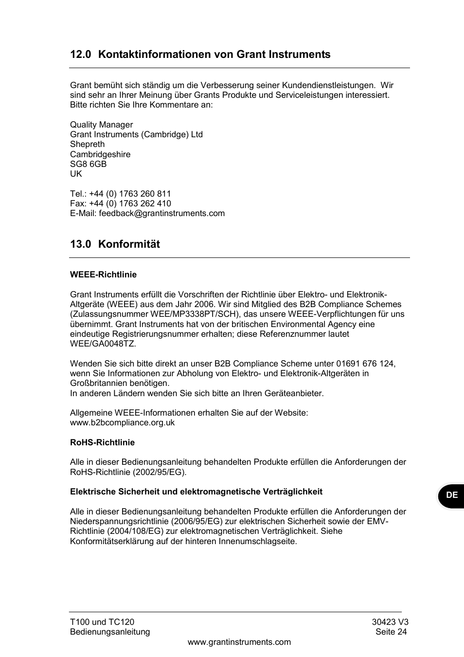Kontaktinformationen von grant instruments, Konformität, 0 kontaktinformationen von grant instruments | 0 konformität | Grant Instruments TC120 Operating Manual User Manual | Page 73 / 124