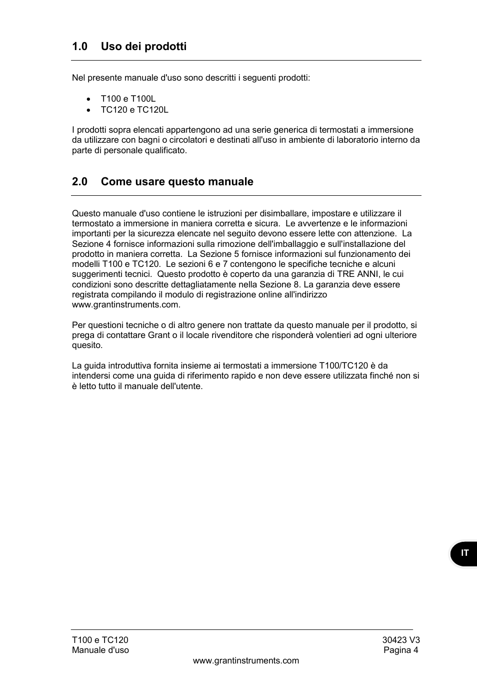 Uso dei prodotti, Come usare questo manuale, 0 uso dei prodotti | 0 come usare questo manuale | Grant Instruments TC120 Operating Manual User Manual | Page 77 / 124