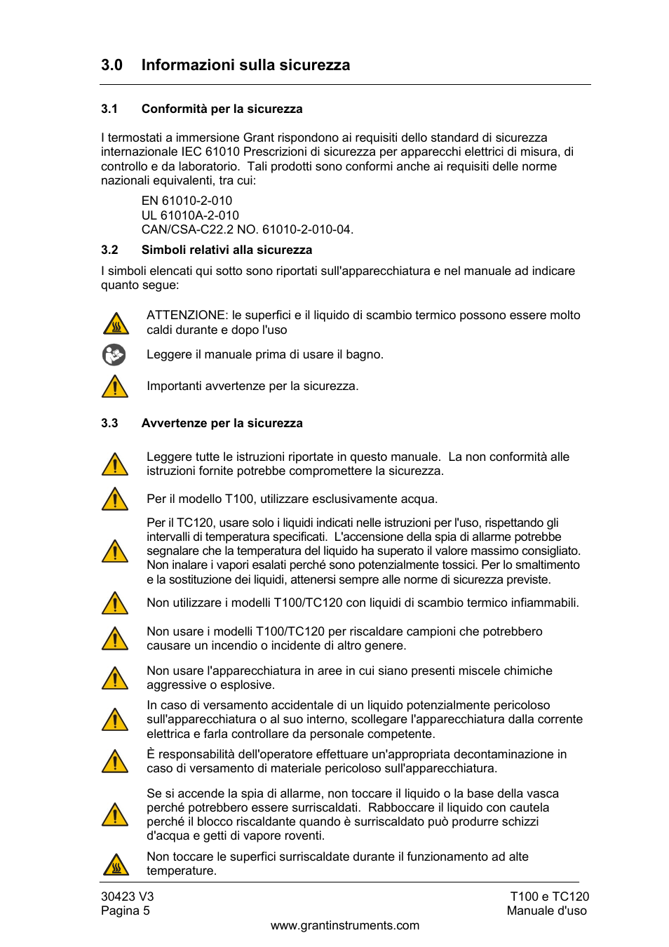Informazioni sulla sicurezza, Conformità per la sicurezza, Simboli relativi alla sicurezza | Avvertenze per la sicurezza, 0 informazioni sulla sicurezza | Grant Instruments TC120 Operating Manual User Manual | Page 78 / 124