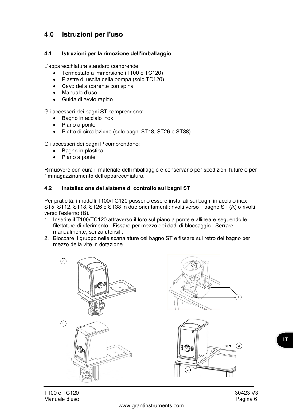 Istruzioni per l'uso, Istruzioni per la rimozione dell'imballaggio, 0 istruzioni per l'uso | Grant Instruments TC120 Operating Manual User Manual | Page 79 / 124