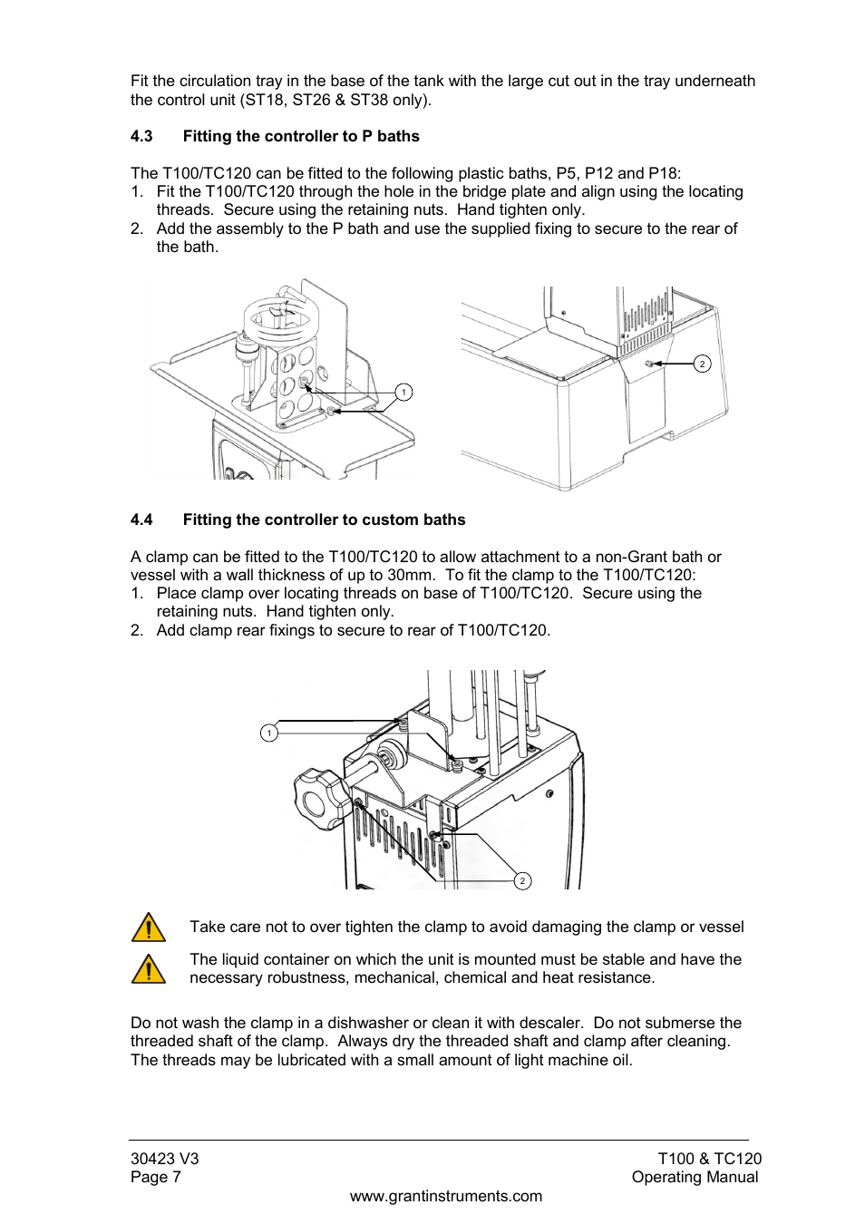 Fitting the controller to p baths, Fitting the controller to custom baths, Removing the controller from the bridge plate | Grant Instruments TC120 Operating Manual User Manual | Page 8 / 124