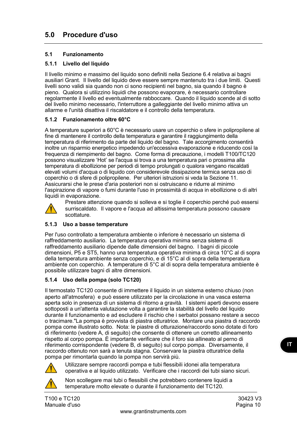 Procedure d'uso, Funzionamento, Livello del liquido | Funzionamento oltre 60°c, Uso a basse temperature, Uso della pompa (solo tc120), 0 procedure d'uso | Grant Instruments TC120 Operating Manual User Manual | Page 83 / 124