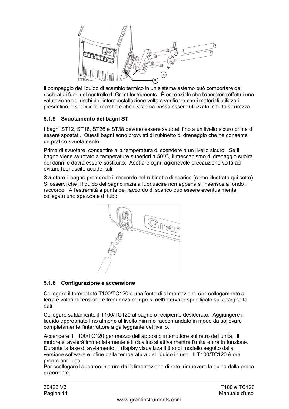 Svuotamento dei bagni st, Configurazione e accensione | Grant Instruments TC120 Operating Manual User Manual | Page 84 / 124