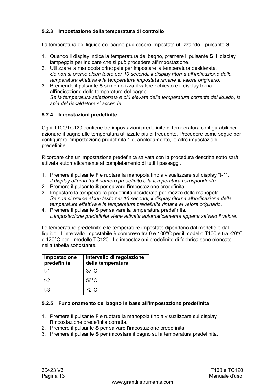 Impostazione della temperatura di controllo, Impostazioni predefinite | Grant Instruments TC120 Operating Manual User Manual | Page 86 / 124