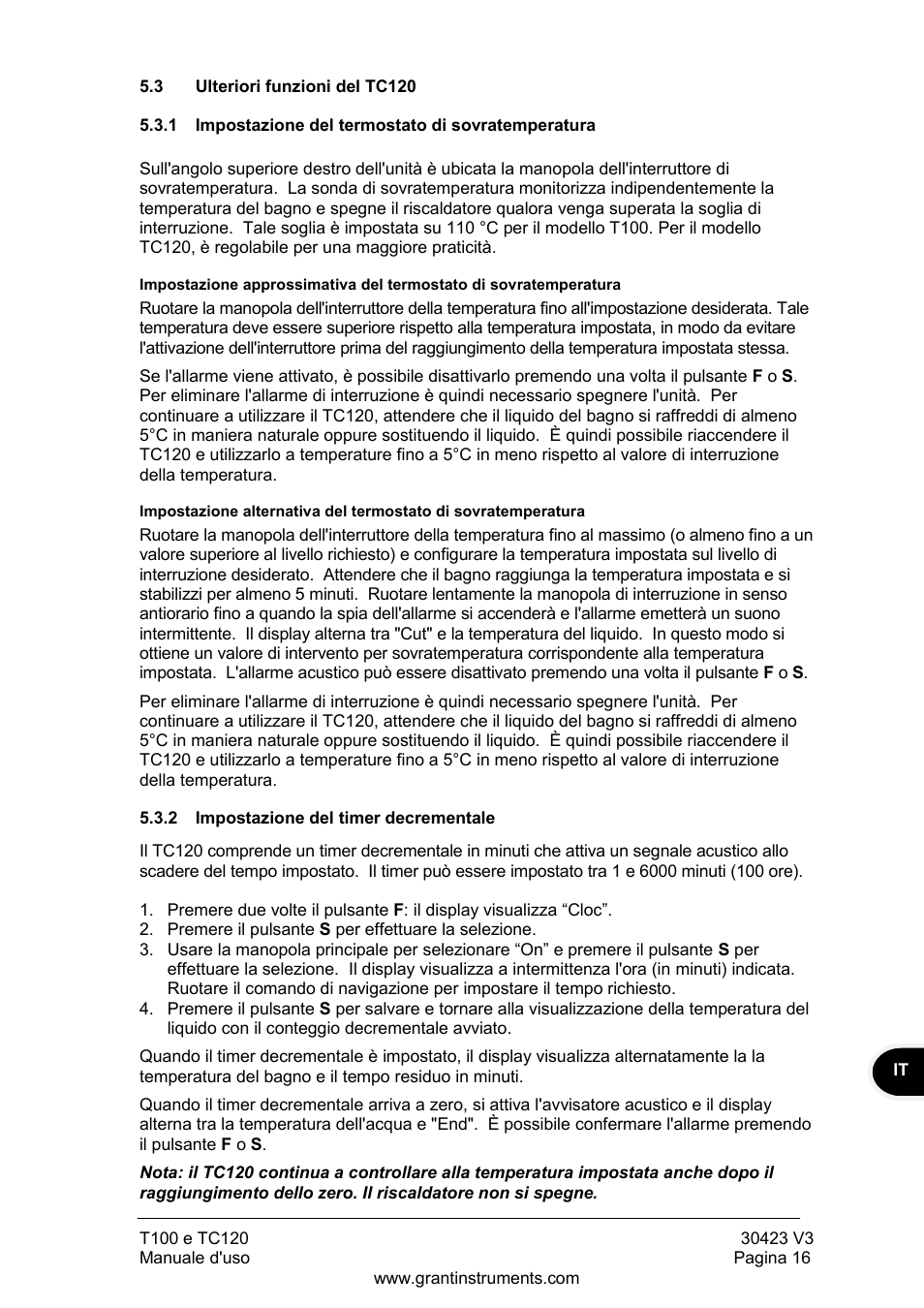 Ulteriori funzioni del tc120, Impostazione del termostato di sovratemperatura, Impostazione del timer decrementale | Grant Instruments TC120 Operating Manual User Manual | Page 89 / 124